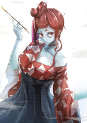 Rule 34 | 10s, 1girl, absurdres, blue skin, breasts, brown hair, checkered clothes, checkered kimono, colored skin, danbooru (mako56), hair ornament, highres, holding, holding smoking pipe, japanese clothes, kimono, large breasts, long hair, long sleeves, off shoulder, smoking pipe, red eyes, scar, scar on neck, smoking, yuugiri (zombie land saga), zombie, zombie land saga