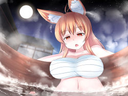 Rule 34 | 1boy, 1girl, animal ear fluff, animal ears, architecture, bare shoulders, blonde hair, breasts, commentary request, east asian architecture, eye contact, fox ears, fox girl, full moon, giant, giantess, highres, hot tub, large breasts, looking at another, mini person, miniboy, moon, navel, night, night sky, onsen, open mouth, orange eyes, original, sarashi, size difference, sky, star (sky), steam, terada ochiko, water
