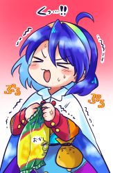 Rule 34 | &gt; &lt;, 1girl, ahoge, bag of chips, blue hair, blush, cloak, dress, gradient background, hairband, highres, holding, long sleeves, multicolored clothes, multicolored dress, multicolored hairband, open mouth, patchwork clothes, pote (ptkan), rainbow gradient, short hair, solo, sweat, tenkyuu chimata, touhou, upper body, veins, white cloak
