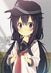 Rule 34 | 1girl, akatsuki (kancolle), alternate hairstyle, anchor symbol, black eyes, black hair, black hat, blush, collarbone, commentary request, flat cap, hair between eyes, hair tie, hat, highres, jabittoson, kantai collection, long hair, long sleeves, looking at viewer, low twintails, neckerchief, red neckerchief, school uniform, serafuku, shirt, smile, solo, tareme, twintails, upper body, very long hair, white shirt