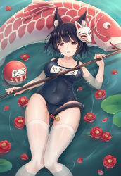 Rule 34 | 1girl, animal ears, azur lane, bell, black hair, black one-piece swimsuit, blunt bangs, breasts, camellia, cat tail, cleavage, collarbone, commentary request, covered navel, daruma doll, fang, flower, fox ears, fox mask, half-closed eyes, highres, holding, jingle bell, kantai collection, kemonomimi mode, knees together feet apart, koinobori, light smile, lily pad, looking at viewer, lying, lying on water, mask, mask on head, medium breasts, on back, one-piece swimsuit, open mouth, petals, red eyes, ripples, short hair, solo, swimsuit, tail, tail bell, tail ornament, thighhighs, white thighhighs, windsock, yamashiro (azur lane), yamashiro (kancolle), yamashiro (summer offensive?) (azur lane), yuemanhuaikong