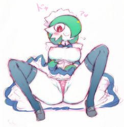 Rule 34 | 1girl, black footwear, black legwear, blush, breasts, censored, closed mouth, clothes lift, creatures (company), game freak, gardevoir, gen 3 pokemon, hair over one eye, ikanomaru, looking at viewer, maid, nintendo, nipples, pokemon, pokemon (creature), red eyes, skirt, skirt lift, smile, solo, spread legs, white background