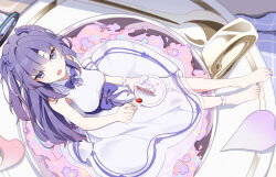 1girl absurdres alternate_costume barefoot blue_archive blue_eyes blue_hair blue_nails breasts cake cake_slice commentary_request cup dress food fork from_above gokusaishiki_(1376145360) halo highres holding holding_fork holding_plate in_container in_cup long_hair looking_at_viewer looking_up mechanical_halo medium_breasts open_mouth plate sitting sleeveless sleeveless_dress smile solo spoon two_side_up white_dress yuuka_(blue_archive)