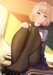 Rule 34 | 1girl, blonde hair, blue eyes, blush, breasts, breasts out, classroom, clothes lift, desk, feet, hand on own knee, highres, looking at viewer, medium hair, pantyhose, school uniform, serafuku, shirt lift, sitting, smile, sunlight, toes