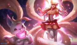 Rule 34 | 1girl, absurdres, ahri (league of legends), animal ears, boots, breasts, detached sleeves, fox ears, fox tail, hand on own hip, heart, highres, hip focus, league of legends, lipstick, long hair, looking at viewer, magical girl, makeup, multiple tails, nail polish, nipples, no panties, one eye closed, pussy, red lips, ribbon, skirt, solo, star guardian (league of legends), star guardian ahri, tail, thick thighs, thigh boots, thighhighs, thighs, third-party edit, uncensored, wide hips