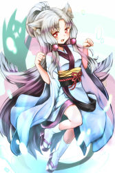 Rule 34 | 1girl, :3, :d, animal ear fluff, animal ears, breasts, fox ears, geta, hands up, highres, japanese clothes, kimono, long hair, looking at viewer, medium breasts, miyashiro, obi, open mouth, parted bangs, paw pose, red eyes, sash, silver hair, smile, solo, tabi, touhoku itako, very long hair, voiceroid, white kimono, white legwear, wide sleeves