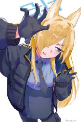 Rule 34 | 1girl, animal ears, black gloves, black jacket, black pantyhose, blonde hair, blue archive, blue eyes, blue halo, blue necktie, blue shirt, blue skirt, blush, breasts, claw pose, dog ears, dog girl, embarrassed, gloves, hair over one eye, halo, hands up, highres, jacket, kanna (blue archive), long hair, long sleeves, looking to the side, medium breasts, necktie, open clothes, open jacket, pantyhose, parted bangs, pencil skirt, police, police uniform, policewoman, sharp teeth, shiosai 73, shirt, simple background, skirt, solo, teeth, uniform, white background