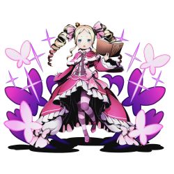 Rule 34 | 10s, 1girl, beatrice (re:zero), blonde hair, blue eyes, book, capelet, crown, divine gate, dress, full body, hair ribbon, holding, holding book, leg up, long hair, looking at viewer, mini crown, multicolored hair, official art, open book, pantyhose, pink dress, pink ribbon, re:zero kara hajimeru isekai seikatsu, ribbon, shadow, solo, standing, striped clothes, striped pantyhose, striped ribbon, symbol-shaped pupils, transparent background, twintails, two-tone hair, ucmm