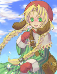 Rule 34 | 1girl, ahoge, animal ears, artist request, bag, blonde hair, braid, cloud, day, dress, flower, gloves, green eyes, hair over shoulder, hat, lowres, mariel (wild arms), oekaki, open mouth, parted bangs, shawl, sky, smile, solo, twintails, wild arms, wild arms 1