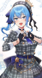 Rule 34 | 1girl, :d, beads, belt, black gloves, blue belt, blue bow, blue choker, blue eyes, blue hair, blue nails, blue necktie, blue ribbon, blush, bow, choker, crown, dress, earrings, gloves, grey dress, hair ribbon, hands up, heart, heart hands, highres, hololive, hoshimachi suisei, hoshimachi suisei (1st costume), jewelry, long hair, long sleeves, mini crown, nail polish, necktie, noixen, open mouth, partially fingerless gloves, plaid, plaid dress, plaid headwear, ribbon, side ponytail, smile, solo, staff (music), star (symbol), star earrings, star in eye, symbol in eye, virtual youtuber
