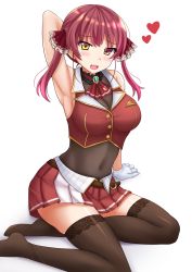 Rule 34 | 1girl, :d, arm support, arm up, armpits, ascot, bare arms, bare shoulders, belt, blouse, blush, breasts, brooch, brown belt, brown thighhighs, cleavage, commentary, full body, gloves, hair ribbon, heart, heterochromia, highres, hololive, houshou marine, jewelry, kazenokaze, leotard, leotard under clothes, long hair, looking at viewer, medium breasts, no shoes, open mouth, pleated skirt, red ascot, red eyes, red hair, red ribbon, red shirt, red skirt, ribbon, see-through, see-through cleavage, see-through leotard, shadow, shirt, skirt, sleeveless, sleeveless shirt, smile, solo, thighhighs, twintails, virtual youtuber, white background, white gloves, yellow eyes