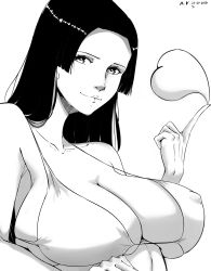 Rule 34 | 1girl, 47 hard, armpits, bikini, black hair, boa hancock, breasts, collarbone, covered erect nipples, dated, earrings, facing to the side, from side, hand up, heart, highres, huge breasts, index finger raised, large breasts, long hair, looking at viewer, mero mero no mi, monochrome, nipples, nose, one piece, portrait, simple background, snake earrings, swimsuit, tagme, tsurime, white background