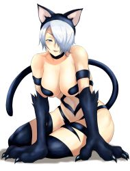 Rule 34 | anagumasan, angel (kof), animal ears, animal hands, bare shoulders, black fur, breasts, cat ears, cat girl, cat paws, cat tail, claws, cosplay, felicia (vampire), felicia (vampire) (cosplay), fur, hair over one eye, highres, large breasts, mexico, navel, simple background, snk, solo, tail, the king of fighters, the king of fighters 2001, the king of fighters xiv, thick thighs, thighs, toned, vampire (game), white background, white hair