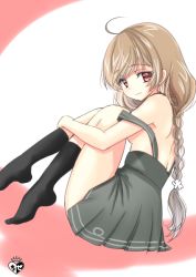 Rule 34 | 1girl, black socks, braid, breasts, brown hair, chize, closed mouth, flower, hair flower, hair ornament, hugging own legs, kantai collection, kneehighs, knees up, long hair, looking at viewer, looking to the side, medium breasts, minegumo (kancolle), naked suspenders, no shoes, red eyes, skirt, smile, socks, solo, suspender skirt, suspenders, topless, very long hair, white flower