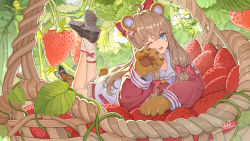 Rule 34 | 1girl, ;d, a-soul, absurdres, animal ears, animal hands, ankle socks, backlighting, basket, bear ears, bear tail, blue eyes, bow, bow legwear, brown footwear, brown hair, bug, butterfly, crossed ankles, diana (a-soul), fang, flower, food, fruit, gloves, hair bow, hair ornament, hairclip, hand up, highres, insect, jacket, leaf, legs up, loafers, long hair, low-tied sidelocks, lying, multicolored clothes, multicolored jacket, neckerchief, official art, on stomach, one eye closed, open mouth, orange butterfly, outdoors, oversized object, oversized plant, paw gloves, paw pose, pink bow, pink jacket, pink neckerchief, plaid, plaid skirt, sailor collar, shoes, sidelocks, signature, skirt, smile, socks, strawberry, tail, two-tone jacket, virtual youtuber, white bow, white flower, white jacket, white sailor collar, white socks, yellow gloves, yellow skirt