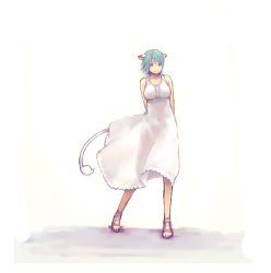 Rule 34 | 1girl, animal ears, aqua hair, arms behind back, bare legs, bare shoulders, blue hair, breasts, cow ears, cow girl, cow tail, dress, green hair, large breasts, looking at viewer, red eyes, sandals, short hair, simple background, solo, standing, sundress, tail, white background, white dress, yuzuriha (active homing)
