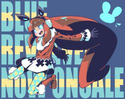 Rule 34 | 1girl, animal ears, announcement celebration, black gloves, blue background, blue eyes, blue revolver, blue sclera, blunt bangs, boots, coat, colored sclera, copyright name, earmuffs, eyebrows, fake animal ears, full body, gloves, highres, long hair, looking at viewer, mae (blue revolver), open mouth, pantyhose, print pantyhose, rabbit ears, raigou, simple background, smile, snowman print, solo, very long hair
