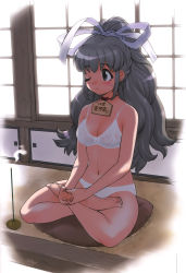 Rule 34 | 1girl, barefoot, blush, bra, breasts, cleavage, copyright request, grey eyes, grey hair, hair ribbon, high ponytail, incense, indian style, indoors, long hair, meditation, navel, one eye closed, own hands together, panties, ribbon, sitting, solo, underwear, underwear only, white panties, yoshizaki mine