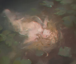 Rule 34 | 1girl, afloat, blonde hair, character request, chunkyeggy, closed eyes, commentary, completely nude, copyright request, english commentary, floating hair, from above, highres, lily pad, medium hair, nude, partially submerged, solo, water