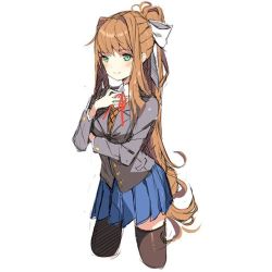 Rule 34 | 1girl, bad id, bad instagram id, black thighhighs, blue skirt, blush, brown hair, closed mouth, collared shirt, concept art, cowboy shot, cropped legs, doki doki literature club, green eyes, hair intakes, hair ribbon, hand on own chest, hand up, long hair, long sleeves, looking at viewer, monika (doki doki literature club), neck ribbon, pleated skirt, ponytail, red ribbon, ribbon, satchely, school uniform, shirt, skirt, smile, solo, standing, thighhighs, very long hair, vest, white shirt
