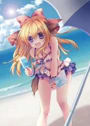 Rule 34 | 1girl, :d, animal ears, bad id, bad pixiv id, beach, bent over, bikini, blonde hair, blue sky, blush, bow, bracelet, breasts, cleavage, cloud, commentary, day, dog ears, dog tail, dutch angle, food, frilled bikini, frills, hair bow, highres, jewelry, lens flare, long hair, looking at viewer, medium breasts, mikazuki sara, multicolored bikini, multicolored clothes, necklace, ocean, open mouth, original, outdoors, parasol, pendant, pink bikini, pink eyes, popsicle, purple bikini, sky, smile, solo, sun, swimsuit, tail, umbrella