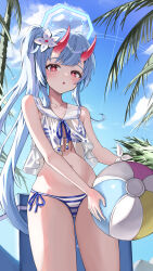 Rule 34 | 1girl, absurdres, ball, beachball, bikini, blue archive, blue bikini, blue hair, blue halo, blue ribbon, blue sky, blush, chise (blue archive), chise (swimsuit) (blue archive), cloud, commentary request, cowboy shot, day, flower, hair flower, hair ornament, halo, highres, holding, holding ball, holding beachball, horns, long hair, looking at viewer, official alternate costume, oni horns, outdoors, palm tree, red eyes, red horns, ribbon, sailor collar, see-through, see-through shirt, shiriaru (jjonaeng), side-tie bikini bottom, side ponytail, sky, solo, standing, striped bikini, striped clothes, swimsuit, tree, white flower, white sailor collar, wrist bow