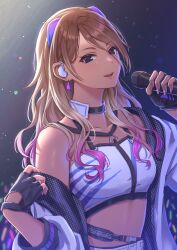 Rule 34 | 1girl, absurdres, black choker, black eyes, black gloves, blurry, blurry background, blush, breasts, brown hair, choker, collarbone, cropped shirt, dark-skinned female, dark skin, earrings, fingerless gloves, gloves, glowstick, gradient hair, gyaru, hands up, headset, highres, holding, holding microphone, idolmaster, idolmaster shiny colors, indoors, izumi mei, jacket, jewelry, large breasts, long hair, long sleeves, looking at viewer, microphone, midriff, multicolored hair, pink hair, shirt, simoumi 217, single bare shoulder, single off shoulder, sleeveless, sleeveless shirt, smile, solo, stage, stage lights, tan, white jacket, white shirt