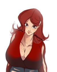 Rule 34 | 1girl, artist request, audrey page, black eyes, breasts, brown hair, cleavage, denim, freckles, freckles on breasts, jeans, large breasts, long hair, pants, solo, the developing adventures of golden girl, torn clothes, torn jeans, torn pants