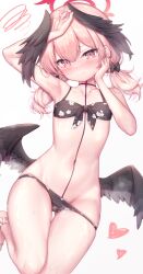 Rule 34 | 1girl, arata (xin), bare shoulders, bikini, black bikini, black wings, blue archive, blush, bow, breasts, collarbone, feathered wings, hair bow, halo, head wings, heart, highres, koharu (blue archive), koharu (swimsuit) (blue archive), long hair, looking at viewer, low twintails, low wings, navel, pink eyes, pink hair, small breasts, solo, spaghetti strap, squiggle, swimsuit, thighs, twintails, wings