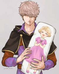Rule 34 | 10s, 1boy, bad id, bad pixiv id, black clover, blood, brother and sister, brown eyes, brown hair, dakimakura (object), gauche adlai, grey background, hair over one eye, marie adlai, nosebleed, pillow, siblings, simple background, yoshitaro (almendra)