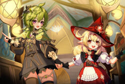 Rule 34 | 2girls, :d, ahoge, asymmetrical legwear, belt, black gloves, blonde hair, bow, bowtie, box, branch, bridal gauntlets, brown belt, brown dress, brown thighhighs, cape, child, clover, collei (genshin impact), crossed bangs, cuilein-anbar (genshin impact), detached sleeves, dress, four-leaf clover, frilled dress, frilled sleeves, frills, gem, genshin impact, gloves, gold bracelet, gold trim, green cape, green gemstone, green hair, hair between eyes, haires, hand up, hat, hat ribbon, highres, holding hands, index finger raised, indoors, klee (blossoming starlight) (genshin impact), klee (genshin impact), lamp, looking at another, looking at viewer, low twintails, medium hair, multiple girls, official alternate costume, open mouth, orange eyes, orb, pointy ears, puffy short sleeves, puffy sleeves, purple eyes, red bow, red bowtie, red dress, red headwear, ribbon, short sleeves, sidelocks, smile, tassel, teeth, thighhighs, tree, twintails, upper body, upper teeth only, witch hat, yellow bag