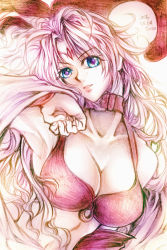 Rule 34 | 1girl, bad id, bad pixiv id, bare shoulders, blue eyes, breasts, cleavage, clenched hand, collarbone, dated, facial mark, flots, forehead mark, graphite (medium), hat, head tilt, houshin engi, large breasts, long hair, parted lips, pink hair, shawl, simple background, so dakki, solo, traditional media, upper body