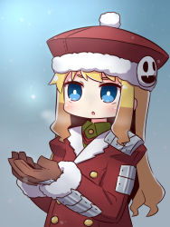 Rule 34 | 1girl, :o, alternate color, blonde hair, blue eyes, blush, breath, brown sleeves, coat, commentary request, etrian odyssey, fur-trimmed coat, fur-trimmed headwear, fur-trimmed sleeves, fur trim, gunner (sekaiju), hands up, highres, jack frost (megami tensei), long hair, long sleeves, naga u, parted lips, red coat, red headwear, sekaiju no meikyuu, sekaiju no meikyuu 2, snowing, solo, upper body