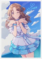 Rule 34 | 1girl, bare shoulders, blowing kiss, blue choker, blue ribbon, blush, bow, breasts, brown eyes, brown hair, character signature, choker, cleavage, cloud, cloudy sky, collarbone, dot nose, dress, frilled dress, frills, grid background, hair bun, hair ribbon, highres, ichikawa hinana, idolmaster, idolmaster shiny colors, layered dress, long hair, looking at viewer, medium breasts, moyashi (m-planter), one eye closed, open mouth, parted bangs, parted lips, polka dot, polka dot dress, ribbon, single hair bun, single side bun, sky, smile, solo, waist bow, water, white dress