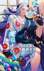 Rule 34 | 1boy, alternate hairstyle, ashiya douman (asagao-patterned yukata) (fate), ashiya douman (fate), asymmetrical hair, black gloves, black hair, closed mouth, commentary request, earrings, eyeshadow, fate/grand order, fate (series), feet out of frame, festival, fingerless gloves, fingernails, floral print, gloves, green eyeshadow, green lips, hair between eyes, hand fan, highres, holding, holding fan, japanese clothes, jewelry, kimono, knmendako, long fingernails, long hair, looking at viewer, magatama, magatama earrings, makeup, male focus, morning glory print, multicolored hair, nail polish, official alternate costume, paper fan, print kimono, red nails, sitting, smile, solo, split-color hair, text background, toned, toned male, two-tone hair, two-tone kimono, very long fingernails, very long hair, white hair, yukata