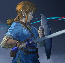 Rule 34 | 1boy, arm guards, belt, blue eyes, brown hair, closed mouth, earrings, fighting stance, from side, highres, holding, holding shield, hylian shield, jewelry, link, master sword, nintendo, pointy ears, pouch, pretty-purin720, profile, sheath, shield, short hair, the legend of zelda, the legend of zelda: breath of the wild, tunic, vial