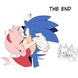 Rule 34 | !?, 1boy, 1girl, 2others, ahoge, amy rose, animal ears, animal nose, arms up, bare back, bare shoulders, blue fur, blush, bracelet, breasts, cat ears, closed eyes, closed mouth, commentary, dress, english commentary, english text, eyelashes, furry, furry female, furry male, gloves, gold bracelet, green eyes, hair bobbles, hair ornament, hairband, hand up, hands on another&#039;s shoulders, heart, hedgehog, hedgehog ears, hedgehog girl, hedgehog tail, hetero, jewelry, kiioki11, kiss, looking at another, medium breasts, meme, multiple others, open mouth, pink fur, red dress, red hairband, short twintails, simple background, sleeveless, sleeveless dress, smile, sonic (series), sonic the hedgehog, standing, surprised, tail, tongue, twintails, twitter strip game (meme), white background, white gloves