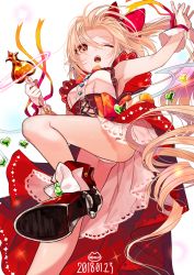 Rule 34 | 1girl, adapted costume, ass, bad id, bad twitter id, bare legs, blonde hair, bow, breasts, commentary, corset, dated, dress, drill hair, earrings, flandre scarlet, floating hair, from below, gloves, gotou (nekocat), hair bow, hands up, heart, high heels, highres, jewelry, laevatein, long hair, looking at viewer, one eye closed, panties, pantyshot, pointy ears, red bow, red dress, red eyes, red footwear, shoes, simple background, sleeveless, sleeveless dress, small breasts, solo, touhou, underwear, very long hair, white background, white gloves, white panties