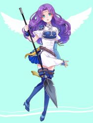 Rule 34 | 1girl, aqua eyes, armor, belt, blue background, blue gloves, blue thighhighs, boots, bracelet, breastplate, circlet, dress, elbow gloves, fingerless gloves, fire emblem, fire emblem: the blazing blade, florina (fire emblem), full body, gloves, hair tubes, high heel boots, high heels, highres, jewelry, knees together feet apart, long hair, nintendo, open mouth, polearm, purple hair, short sleeves, simple background, solo, spear, thigh boots, thighhighs, tyotto ko i, weapon, wings, zettai ryouiki