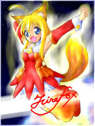 Rule 34 | 1girl, ahoge, animal ears, arm behind head, armpits, bad anatomy, bare shoulders, blonde hair, blue eyes, detached sleeves, fang, fox ears, fox tail, frills, jumping, long hair, looking at viewer, lowres, mozilla firefox, os-tan, personification, poorly drawn, smile, solo, tail, thighhighs, zettai ryouiki