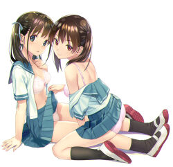 Rule 34 | 2girls, ass, black socks, blue eyes, blue ribbon, blue sailor collar, blue skirt, bow, bow bra, bra, breasts, brown hair, clothes lift, clothes pull, commentary request, from side, full body, hair ribbon, hand up, kneehighs, kneeling, koutaro, lifting another&#039;s clothes, long hair, medium breasts, multiple girls, navel, open clothes, open shirt, original, panties, pink bra, pink panties, red eyes, ribbon, ribbon-trimmed bra, sailor collar, school uniform, serafuku, shirt pull, shoes, short sleeves, side ponytail, simple background, sitting, skirt, skirt lift, socks, summer uniform, twintails, underwear, uwabaki, white background, white bra, white footwear, white panties, yuri