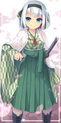 Rule 34 | 1girl, alternate costume, belt, blue eyes, boots, bow, breasts, closed mouth, collarbone, commentary request, green belt, green bow, green shirt, green skirt, grey footwear, grey hair, grey hairband, grey ribbon, hairband, hand up, highres, jacket, japanese clothes, katana, kimono, konpaku youmu, long sleeves, looking to the side, medium breasts, open clothes, open jacket, petals, pink background, purple background, red bow, ribbon, shirt, short hair, skirt, smile, solo, standing, sword, touhou, uumaru, weapon, white background, white belt, white hair, white jacket, wide sleeves