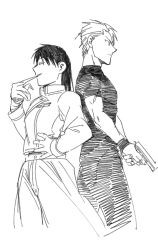 Rule 34 | 1boy, 1girl, amestris military uniform, arms at sides, back-to-back, biting, black hair, black shirt, blackfoxes, closed eyes, fighting stance, finger on trigger, fingernails, frown, fullmetal alchemist, genderswap, genderswap (ftm), genderswap (mtf), glove biting, gloves, greyscale, grin, gun, hand on own hip, handgun, height difference, highres, long hair, looking away, military, military uniform, monochrome, own hands together, pistol, profile, riza hawkeye, roy mustang, serious, shirt, short hair, simple background, smile, standing, uniform, upper body, weapon, white background, white gloves