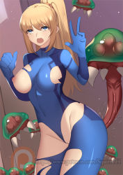 Rule 34 | 1girl, absurdres, blonde hair, blue eyes, bodysuit, breasts, covered navel, highres, large breasts, long hair, looking at viewer, metroid, nintendo, nipples, open mouth, ponytail, samus aran, skin tight, solo, squirrelhollow, standing, torn clothes, zero suit