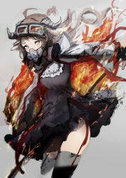 Rule 34 | 1girl, absurdres, ahoge, animal ears, arknights, black dress, breasts, brown eyes, brown hair, burnt clothes, cape, chuhaibane, cowboy shot, cropped legs, dress, eyjafjalla (arknights), fire, goggles, goggles on head, grey background, grey thighhighs, highres, horns, long hair, looking at viewer, mask, respirator, sheep ears, sheep girl, sheep horns, simple background, small breasts, solo, thighhighs, white cape