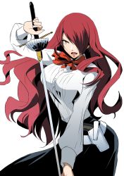 Rule 34 | 1girl, absurdres, blade, bow, breasts, collared shirt, highres, holster, igusaharu, kirijou mitsuru, large breasts, long hair, long sleeves, looking at viewer, one eye covered, open mouth, orange eyes, persona, persona 3, rapier, red bow, red hair, shirt, simple background, skirt, sword, weapon, white background, white shirt