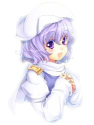 Rule 34 | 1girl, :d, blush, female focus, fingers together, hat, highres, juliet sleeves, kokka han, letty whiterock, long sleeves, looking at viewer, matching hair/eyes, open mouth, puffy sleeves, purple background, purple hair, short hair, smile, solo, touhou, white background