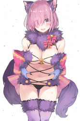 Rule 34 | 1girl, a (nanananaaannaa), animal ears, bad id, bad pixiv id, belly grab, black panties, blue gloves, blush, bow, breasts, elbow gloves, eyes visible through hair, fate/grand order, fate (series), fox ears, fox tail, fur collar, fur trim, gloves, hair between eyes, hair over one eye, highres, large bow, large breasts, looking at viewer, mash kyrielight, mash kyrielight (dangerous beast), navel, o-ring, o-ring top, official alternate costume, open mouth, panties, pink bow, purple eyes, purple hair, purple thighhighs, revealing clothes, short hair, simple background, solo, tail, thighhighs, thighs, underwear, weight conscious, white background, wolf ears, wolf tail
