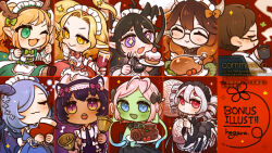 1boy 6+girls alien animal_ears arachne arthropod_girl black_dress blonde_hair blue_dress blue_hair brown_hair centaur chibi christmas colored_skin commentary_request commission cow_ears cow_girl cow_horns cup dragon_girl dragon_horns dragon_wings dress drill_hair extra_eyes fox_ears fox_girl fox_tail green_dress green_eyes green_skin grey_hair hair_over_one_eye hat hogara holding holding_cup horns insect_girl kitsune knitting lamia long_hair looking_at_viewer maid maid_headdress monster_girl multiple_girls multiple_tails original pink_hair pointy_ears purple_hair red_background red_dress red_eyes santa_hat short_hair skeb_commission spider_girl tail taur wings yarn yarn_ball yellow_eyes