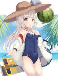 Rule 34 | 1girl, :o, absurdres, azur lane, bad id, bad pixiv id, bag, beach, black choker, blue one-piece swimsuit, blue sky, blunt bangs, blush, breasts, choker, cloud, cloudy sky, commentary, cowboy shot, day, food, fruit, grey hair, hat, highres, holding, holding bag, jacket, jacket over swimsuit, long hair, navel, ocean, off shoulder, one-piece swimsuit, open mouth, outdoors, outstretched arm, palm leaf, palm tree, sidelocks, sky, small breasts, solo, standing, straw hat, sun hat, swimsuit, tree, user vhnw4234, water drop, watermelon, wet, yellow eyes, z46 (azur lane), z46 (her first summer) (azur lane)